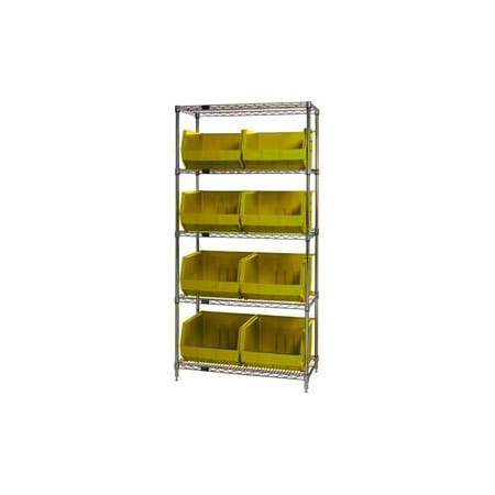 Global Industrial Chrome Wire Shelving With 8 Giant Plastic Stacking Bins Yellow, 36x18x74 268933YL